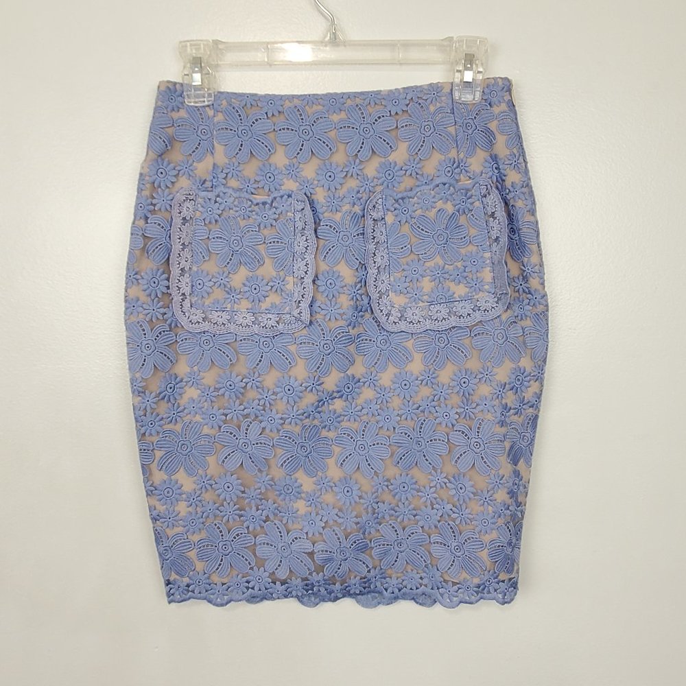 English Factory Blue Floral Lace Nude Colored Lining Pencil Skirt Size S
